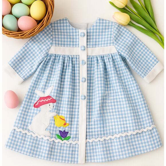 Vintage 1980s Baby Girl Easter Dress Blue Gingham Bunny & Tulip Teapot 18 Months - Picture 1 of 9